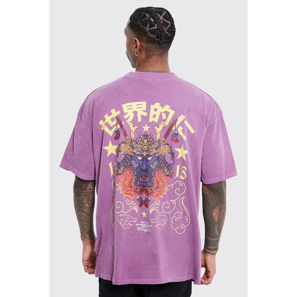Boohoo Man Mens Purple Graphic Print Oni Samurai Short Sleeve Oversized T-Shirt